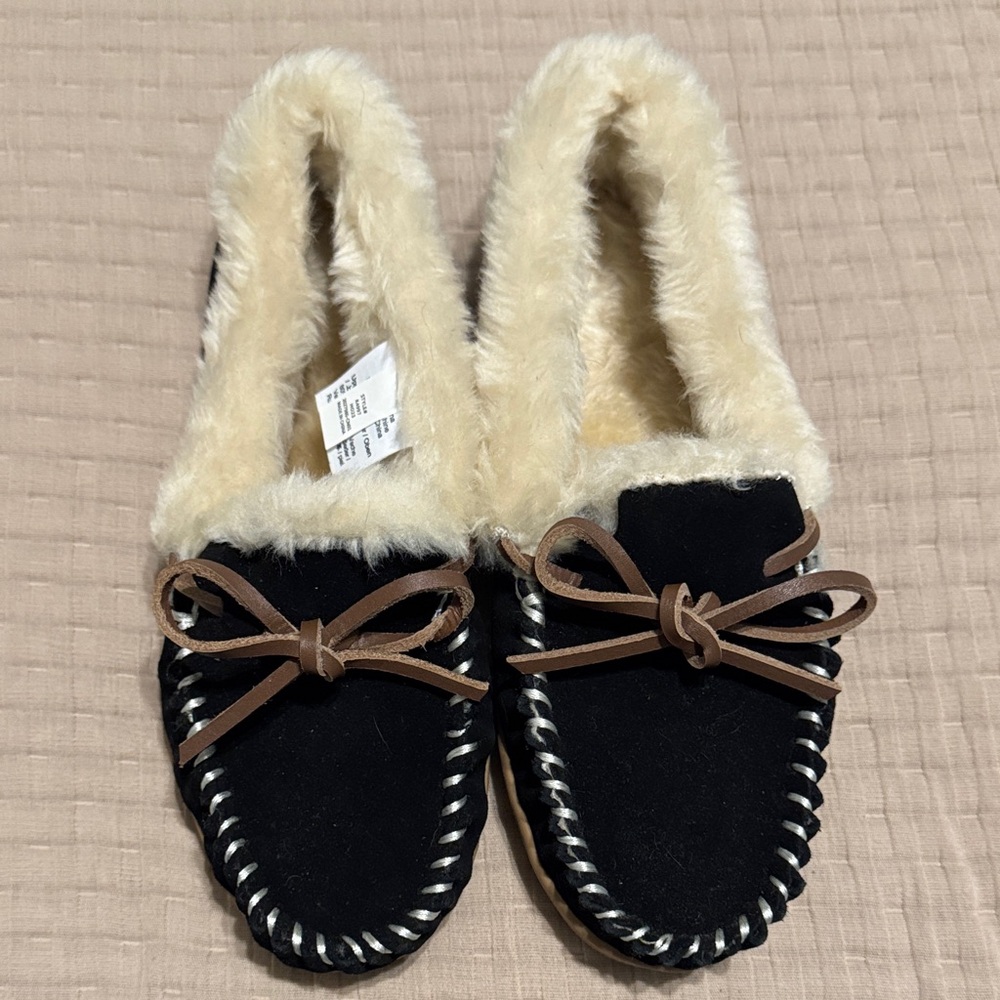 J.Crew Black and Cream Women's Moccasin Slippers- EUC